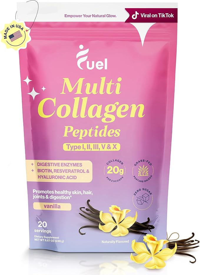 Fuel Beauty Blend Premium Multi Collagen Protein Powder – 11-in-1 Collagen Formula for Women with Resveratrol Extract, Hyaluronic Acid, Biotin Beauty Supplements Hair, Skin & Nails – French Vanila