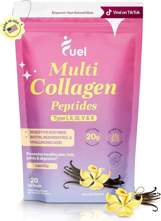 Fuel Beauty Blend Premium Multi Collagen Protein Powder – 11-in-1 Collagen Formula for Women with Resveratrol Extract, Hyaluronic Acid, Biotin Beauty Supplements Hair, Skin & Nails – French Vanila