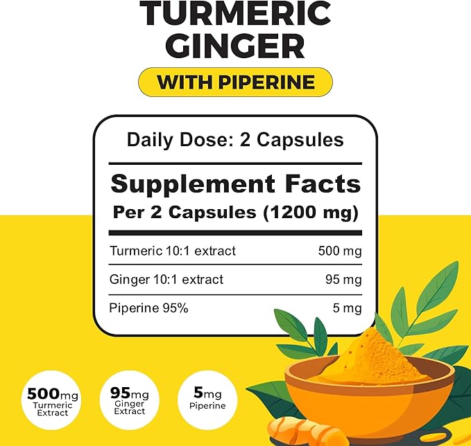Turmeric Ginger Piperine Supplement – High Bioavailability Curcumin for Joint, Gut, Heart, Brain & Skin Health Support | Immune Booster | 60 Capsules