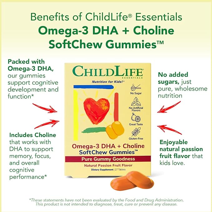 CHILDLIFE ESSENTIALS Omega-3 DHA + Choline SoftChew Gummies - for Kids, DHA for Kids, Omega 3 Gummies with Choline, Fish Oil for Babies, Toddlers & Children - Natural Passion Fruit, 27 Tablets