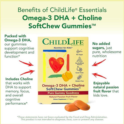 CHILDLIFE ESSENTIALS Omega-3 DHA + Choline SoftChew Gummies - for Kids, DHA for Kids, Omega 3 Gummies with Choline, Fish Oil for Babies, Toddlers & Children - Natural Passion Fruit, 27 Tablets