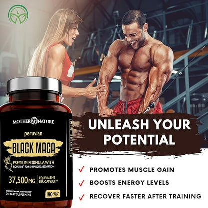 Mother Nature 37,500mg 50x Strength Organic Highly Concentrated Peruvian Black Maca Root Capsules for Men 100% Pure Maca Peruana 50:1 Extract to Boost Stamina, Enegy, Muscle Gain - 180ct