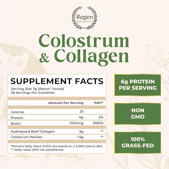 Grass-Fed Colostrum & Collagen Powder | Gut Health, Hair, Skin & Joint Support | New Zealand Bovine Colostrum, Hydrolyzed Collagen Peptides, 300mcg Biotin | Vanilla Bean | 28 Servings