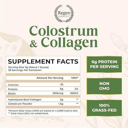 Grass-Fed Colostrum & Collagen Powder | Gut Health, Hair, Skin & Joint Support | New Zealand Bovine Colostrum, Hydrolyzed Collagen Peptides, 300mcg Biotin | Vanilla Bean | 28 Servings
