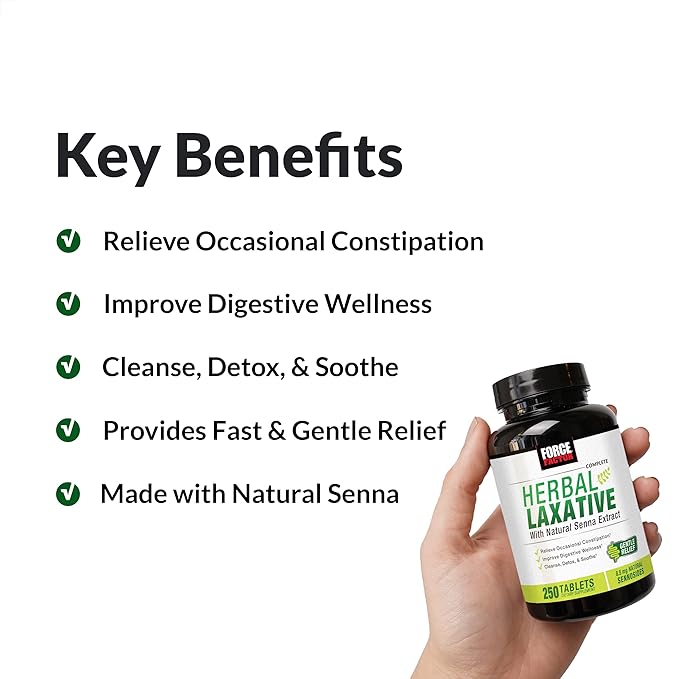 FORCE FACTOR Herbal Laxative for Constipation Relief for Adults, Digestion Supplement Made with Senna to Cleanse, Detox, and Soothe, Laxatives for Constipation for Women and Men, 250 Tablets