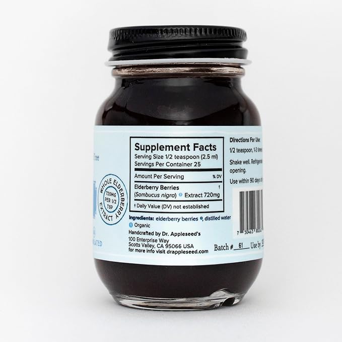 Dr. Appleseed's Wild Elderberry Extract Unsweetened Max Strength 720mg Kids + Adults Daily Immune Supplement Doctor- Formulated Science-Backed Pure Vegan 25 Day Supply – 2 Fl Oz
