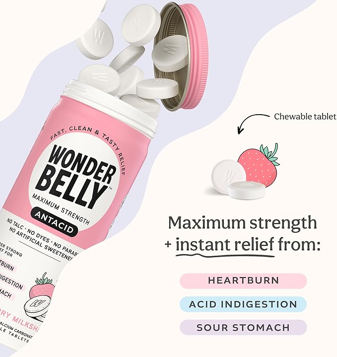 Wonderbelly Antacid, Effective Heartburn and Instant Acid Indigestion Relief, Extra Strength Chewable Tablets, 1000 mg Calcium Carbonate, No Talc or Dye, Strawberry Milkshake, 60 Count