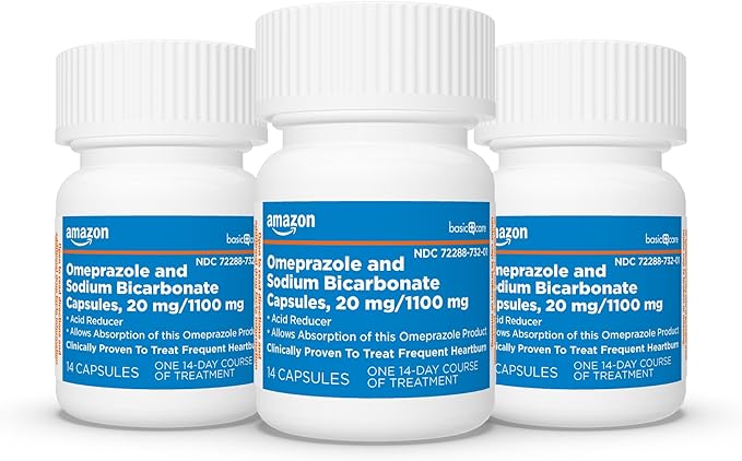 Amazon Basic Care Omeprazole and Sodium Bicarbonate Capsules, 20 mg/1100 mg, 24-Hour Frequent Heartburn Medicine, Acid Reducer Pills, 42 Count