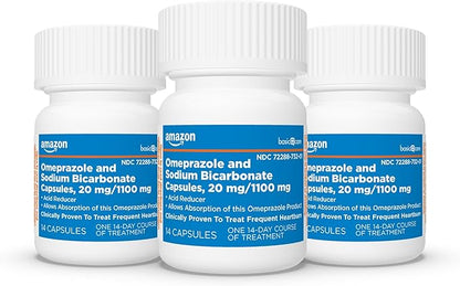 Amazon Basic Care Omeprazole and Sodium Bicarbonate Capsules, 20 mg/1100 mg, 24-Hour Frequent Heartburn Medicine, Acid Reducer Pills, 42 Count
