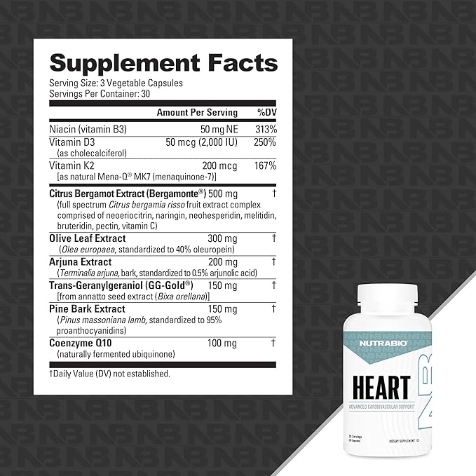 NutraBio Heart- Heart Health Supplements, Cardiovascular Supplement, Cholesterol, Circulatory & Healthy Blood Pressure Support- 90 Capsules