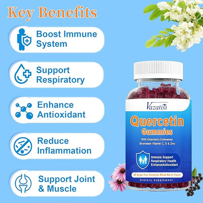 Quercetin Gummies for Kids, Adults Women Men, Quercetin with Bromelain Elderberry Vitamin C Zinc Echinacea Immune Support Supplement, Mixed Berry Flavor 60 Cts