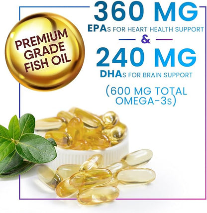 Omega 3 Fish Oil 2400 mg Supplement, Sustainably Sourced, Triple Strength Omega-3 Supplement Softgels, Brain Health Support, EPA & DHA Fish Oil Fatty Acids Supplements, Gluten & GMO Free, 120 Softgels