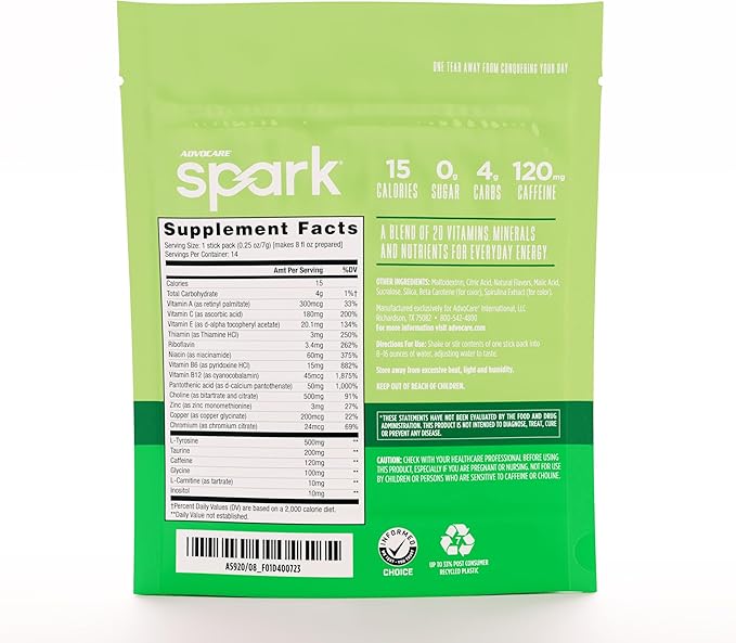 AdvoCare Spark Vitamin & Amino Acid Supplement - Focus & Energy Drink Powder Mix with Vitamin A, B-6, C & E - Also Includes L-Carnitine & L-Tyrosine - Limeade, 14 Stick Packs