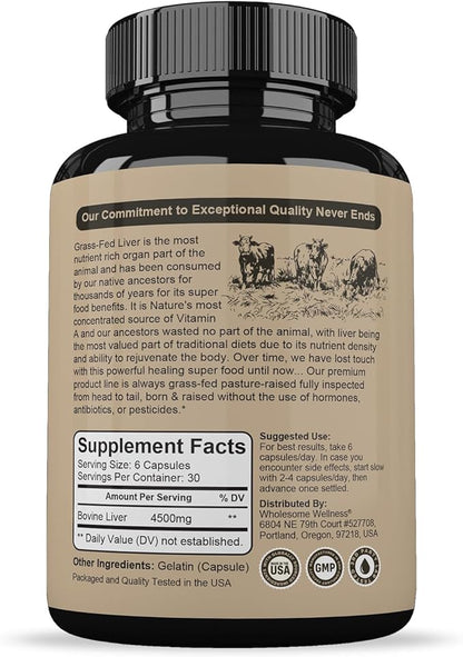 Wholesome Wellness Grass Fed Desiccated Beef Liver Capsules (180 Pills, 750mg Each) - Natural Iron, Vitamin A, B12 for Energy - Raised Undefatted in New Zealand Without Hormones or Chemicals