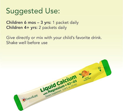 ChildLife Essentials Liquid Calcium Supplement for Kids Single Serve - Baby Calcium with Magnesium, Vitamin D3, & K2 for Bone Support, On The Go Nutrition - Orange Flavor, 0.34 fl oz (30 Stick Packs)