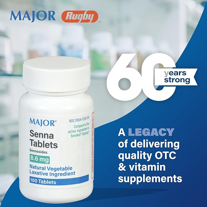 Major Senna 8.6 mg Natural Vegetable Laxative Tablets - Made with Sennosides - Promotes Occasional Constipation Relief - 100 Tablets