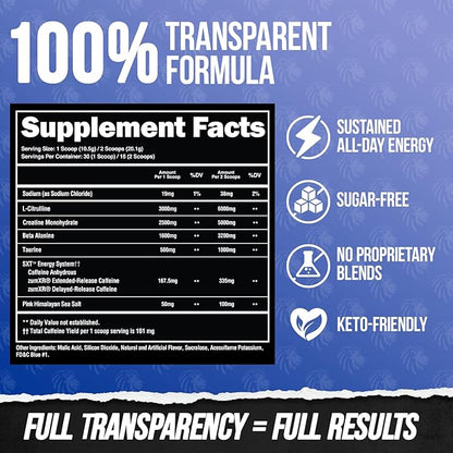ALPHA LION Core Pre Workout w/Creatine for Performance, Beta Alanine for Muscle, Powder, L-Citrulline for Pump & Tri-Source Caffeine for Sustained Energy (30 Servings, Blue Raspberry Flavor)