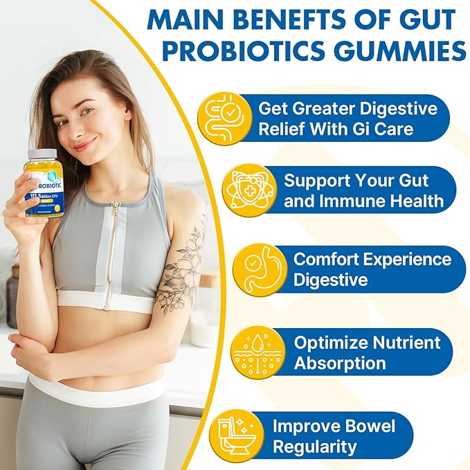 Probiotic Gummies, Sugar Free, 112.5 Billion CFU, 8 Strains Probiotics + 2 Prebiotics & 2 Organic Herbs, for Digestion, Intestinal Flora Balance, IBS & UC, ADD, Probiotics for Women & Men, 60 Counts
