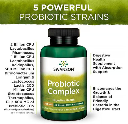 Swanson Probiotic Complex 4.2 Billion CFU 5-Strain Digestive Health Fat Metabolism Satiety Prebiotic FOS Complex Supplement 120 Veggie DRcaps (2 Pack)