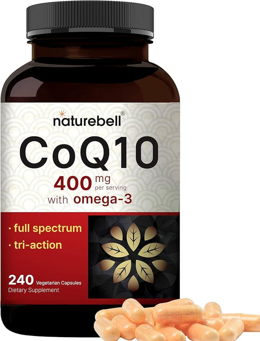 NatureBell CoQ10 400mg with Omega 3 Fatty Acids, 240 Capsules | Stable High Absorption Form – Antioxidant Support for Heart & Energy Health – Extra Strength Coenzyme Q10 Supplement