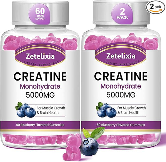 2 Pack Creatine Monohydrate Gummies 5g for Men & Women, Chewables Creatine Monohydrate for Muscle Strength & Muscle Builder, Vitamin B12 for Energy Support, Blueberry Flavor, 120 Count
