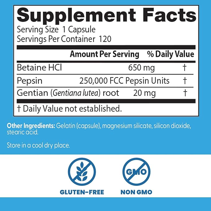 Doctor's Best Betaine HCI Pepsin & Gentian Bitters, Digestive Enzymes for Protein Breakdown & Absorption, Non-GMO, Gluten Free, 120 Caps, Original Version