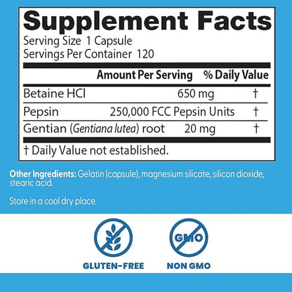 Doctor's Best Betaine HCI Pepsin & Gentian Bitters, Digestive Enzymes for Protein Breakdown & Absorption, Non-GMO, Gluten Free, 120 Caps, Original Version