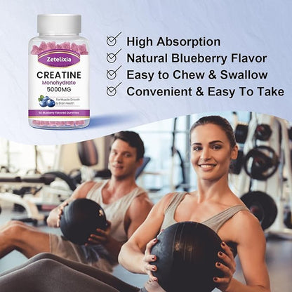 2 Pack Creatine Monohydrate Gummies 5g for Men & Women, Chewables Creatine Monohydrate for Muscle Strength & Muscle Builder, Vitamin B12 for Energy Support, Blueberry Flavor, 120 Count