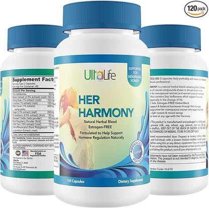 Her Harmony Menopause Supplements for Women - Hot Flashes Menopause Relief & Hormone Balance for Women - Contains Black Cohosh, Dong Quai, Red Clover & More - Estrogen Free - 120 Capsules