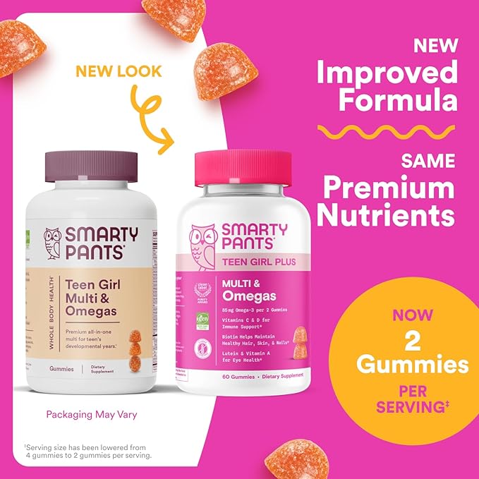 SmartyPants Teen Girl Multivitamin Gummies - Improved Formula: Omega 3 (DHA/EPA), Vitamin C, D3, B12, Vitamin A, K & Zinc, Biotin to Support Hair, Skin & Nails, Gluten Free, 60 Count (30 Day Supply)