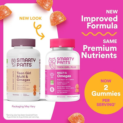 SmartyPants Teen Girl Multivitamin Gummies - Improved Formula: Omega 3 (DHA/EPA), Vitamin C, D3, B12, Vitamin A, K & Zinc, Biotin to Support Hair, Skin & Nails, Gluten Free, 60 Count (30 Day Supply)