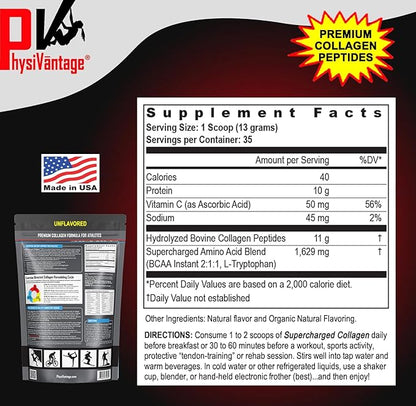 PhysiVantage Supercharged Collagen Peptides Powder - Hydrolyzed Collagen for Joint, Tendon, Ligament, & Skin Health Support - Chocolate, Keto, Paleo, 16oz | Enhanced with Vitamin C, BCAAs, Grass-Fed
