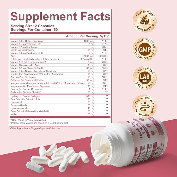 Hair Skin and Nails Vitamins with Biotin, Collagen & Hyaluronic Acid, Supports Healthy Hair Growth, Strong Nails & Glowing Skin, Biotin Supplement with Vitamins A, C, D3, E, B Complex & Minerals