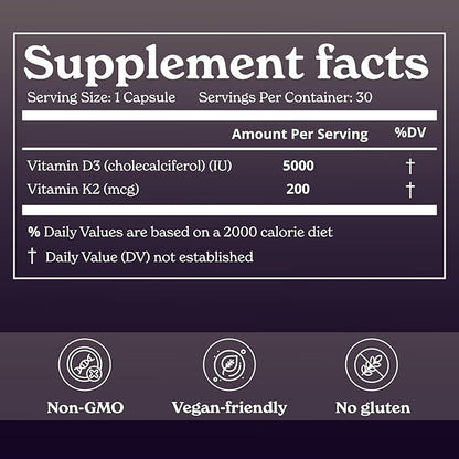 Vitamin D3 + K2 Capsules | 5000 IU Vitamin D3, 200 mcg Vitamin K2 | Helps Promote Bone Strength | 1-Month Dietary Supplement