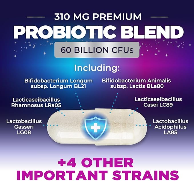 Probiotics 60 Billion CFU - 10 Strains + Digestive Enzymes & Prebiotics - Best Probiotic for Women & Men, Supports Immune, Gut Health, Occasional Constipation, Diarrhea, Gas & Bloating - 60 Capsules