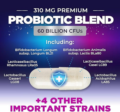 Probiotics 60 Billion CFU - 10 Strains + Digestive Enzymes & Prebiotics - Best Probiotic for Women & Men, Supports Immune, Gut Health, Occasional Constipation, Diarrhea, Gas & Bloating - 60 Capsules