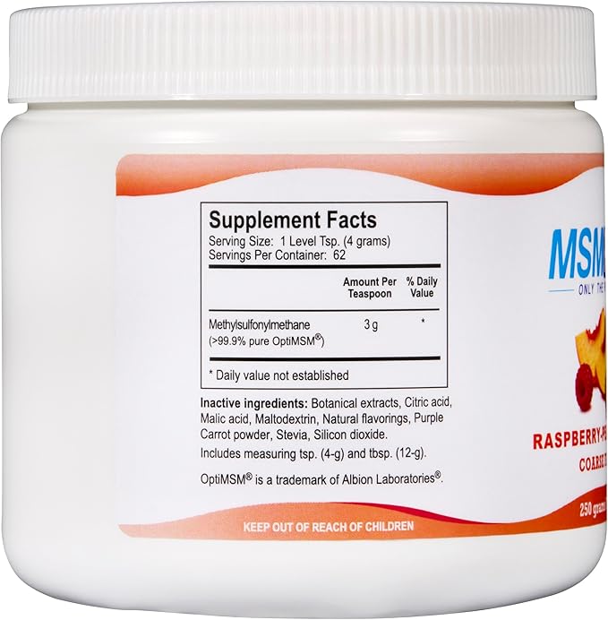 KALA HEALTH MSMPure Raspberry Peach Flavored Coarse MSM Powder Flakes – Organic Sulfur for Joint Flexibility, Skin Appearance, and Hair & Nail Support - 8.8 oz, USA Made, Distilled Crystals