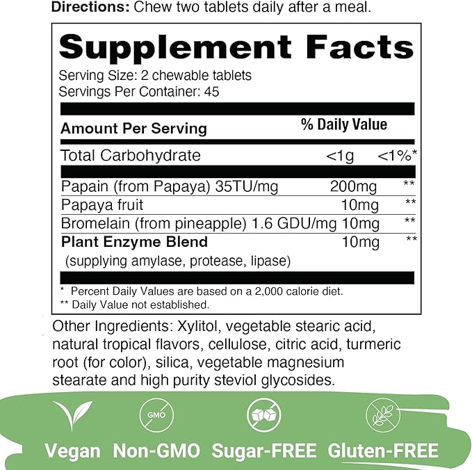 Yuve Natural Papaya Digestive Enzymes - Sugar-Free Chewable Candies - Promotes Better Digestion - Constipation & Bloating Aid, Detox, Leaky Gut Repair & Gas Relief - Vegan, Non-GMO, Gluten-Free - 90ct