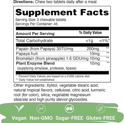 Yuve Natural Papaya Digestive Enzymes - Sugar-Free Chewable Candies - Promotes Better Digestion - Constipation & Bloating Aid, Detox, Leaky Gut Repair & Gas Relief - Vegan, Non-GMO (2 Pack of 90ct)