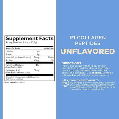 Rule 1 Collagen Peptides Powder - Hydrolyzed Bovine Collagen, Hyaluronic Acid, and Vitamin C. Supports Hair, Skin, & Nails (25 Servings, Unflavored)