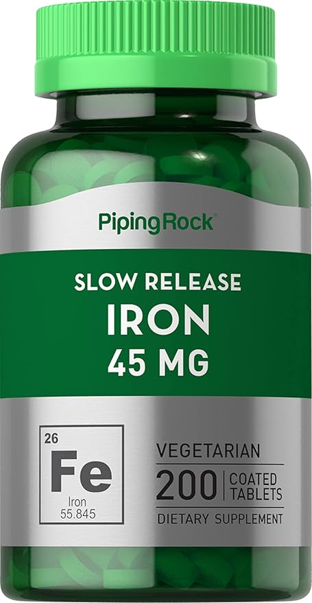 Piping Rock Iron Supplement 45 mg | 200 Tablets | for Women & Men | Slow Release Ferrous Sulfate | Vegetarian, Non-GMO & Gluten Free