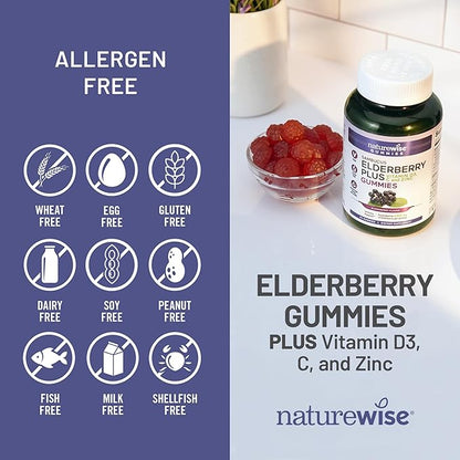 NatureWise Sambucus Elderberry Gummies - Immune Support Supplement for Kids Ages 4+ & Adults with Vitamin C, D3, Zinc - Elderberries Equivalent to 3520mg - Vegan, Non-GMO - 180 Count[90-Day Supply]