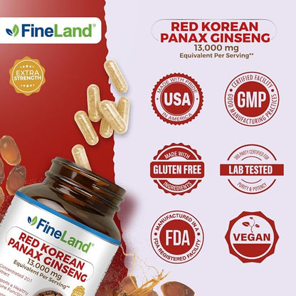 FineLand Red Korean Panax Ginseng 20x Extract 13,000mg Eq. Per Capsule, 5% Ginsenosides!, Max Strength, Immune Support, Concentration & Cognitive Support, 120 Capsule, 4 Months Supply