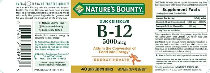 Vitamin B12 by Nature's Bounty, Quick Dissolve Vitamin Supplement, Supports Energy Metabolism and Nervous System Health, 5000mcg, 40 Tablets