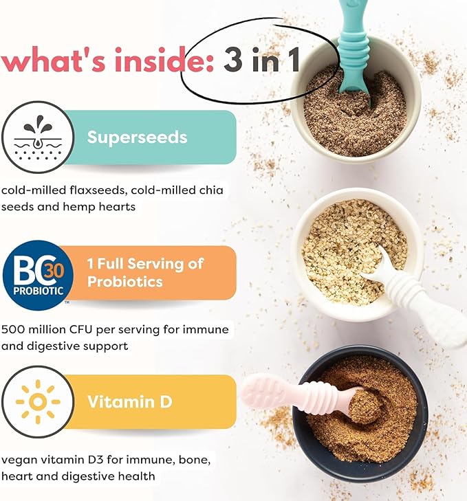 Organic Superseed Bundle - Hemp Hearts, Milled Chia Seeds and Milled Flaxseeds with VITAMIN D + PROBIOTICS Added, for 6M+ Babies Toddlers & Kids Immune & Digestive Support (7oz x 3 Pack)