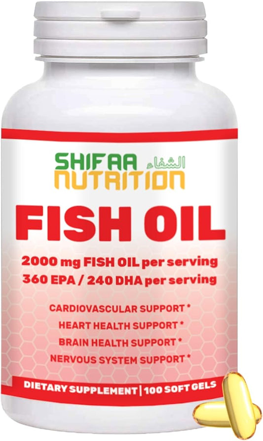 Halal Fish Oil 2000mg Softgels with 360mg EPA & 240mg DHA. 100 Wild Caught & Non-GMO Omega 3 Softgels for Heart & Brain Health. Burpless, Easy-to-Swallow Fish Oil Omega 3 Supplements