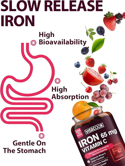 Iron Supplement for Women Men, High Potency Iron 65mg with Vitamin C 250mg, Stomach Friendly Iron Pills for Red Blood Cell & Immune Support, Non-GMO & Gluten Free,120 Vegan Tablets