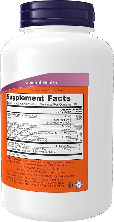 NOW Supplements, Thyroid Energy™, Iodine and Tyrosine Plus Selenium, Zinc and Copper, 180 Veg Capsules (Pack of 2)