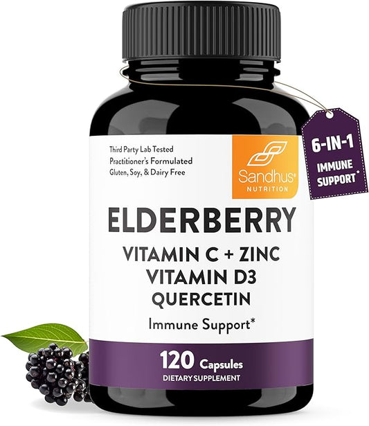 Sandhu's Elderberry Vitamin C & Zinc with Quercetin Capsules for Men & Women | Supports Immunity, Bone Health and Quality Sleep | 120 Count