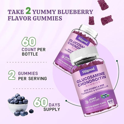 2 Pack Glucosamine Chondroitin Gummies, Extra Strength Glucosamine Chondroitin MSM with Elderberry & Turmeric, Joint Health, Flexibility, Antioxidant, Immune for Adults-Blueberry Flavored, 120 Gummies